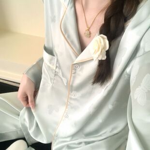 胖mm春夏季 300斤睡衣女家居服套装 宽松冰 淡绿色蝴蝶印花特大码