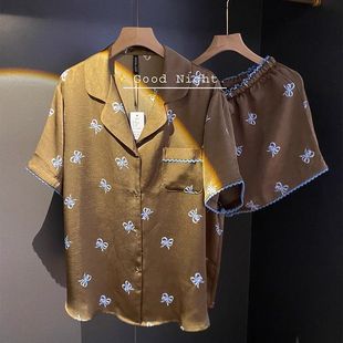 家居服宽松2 胖mm特大码 翻领开衫 睡衣女夏季 300斤 蝴蝶结印花短袖
