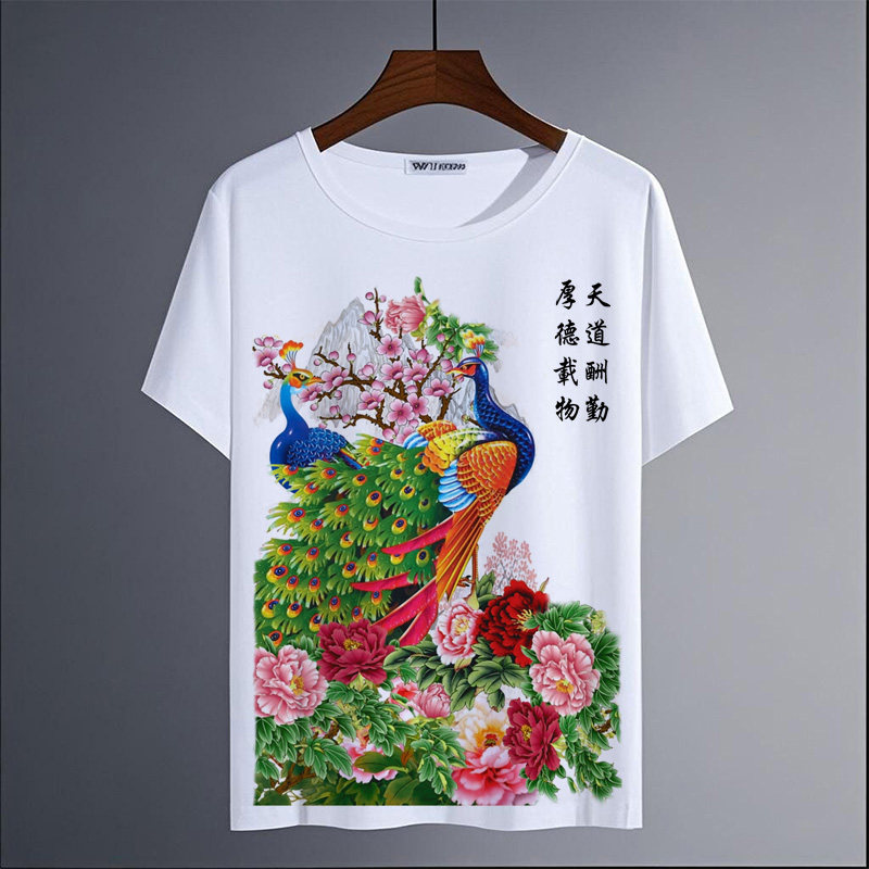 新款2026孔雀T恤男女同款中国风学生上衣服情侣装短袖夏个性潮流