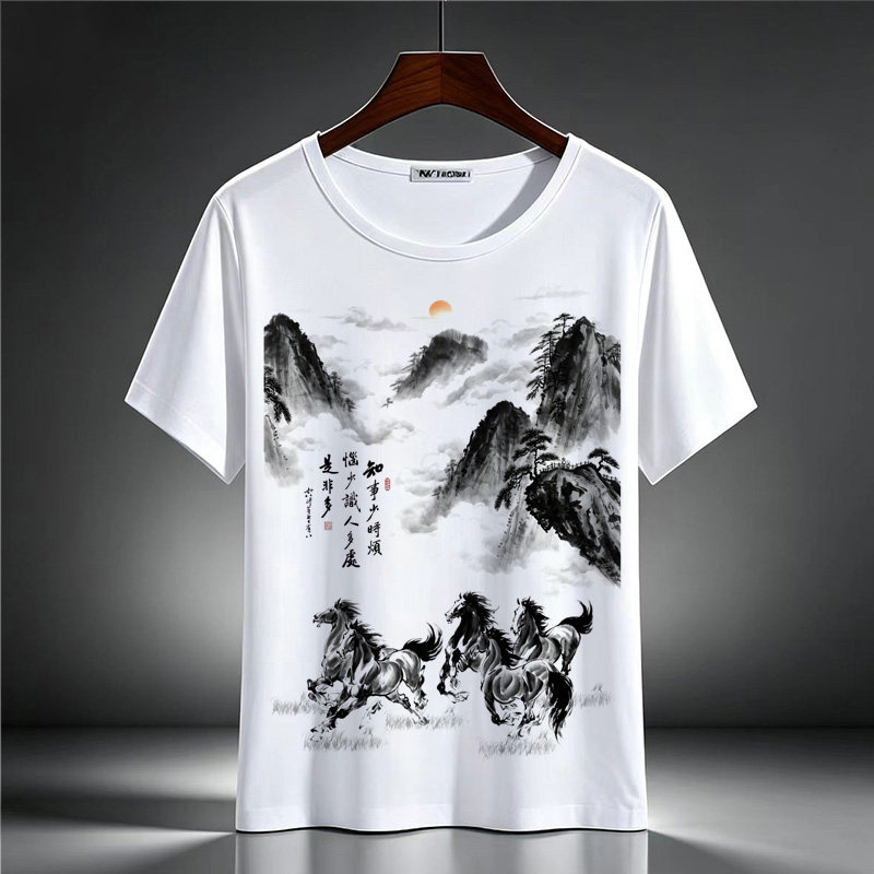 新品2026写意泼墨马短袖中国风水墨奔马印花T恤男装痞帅上衣夏款
