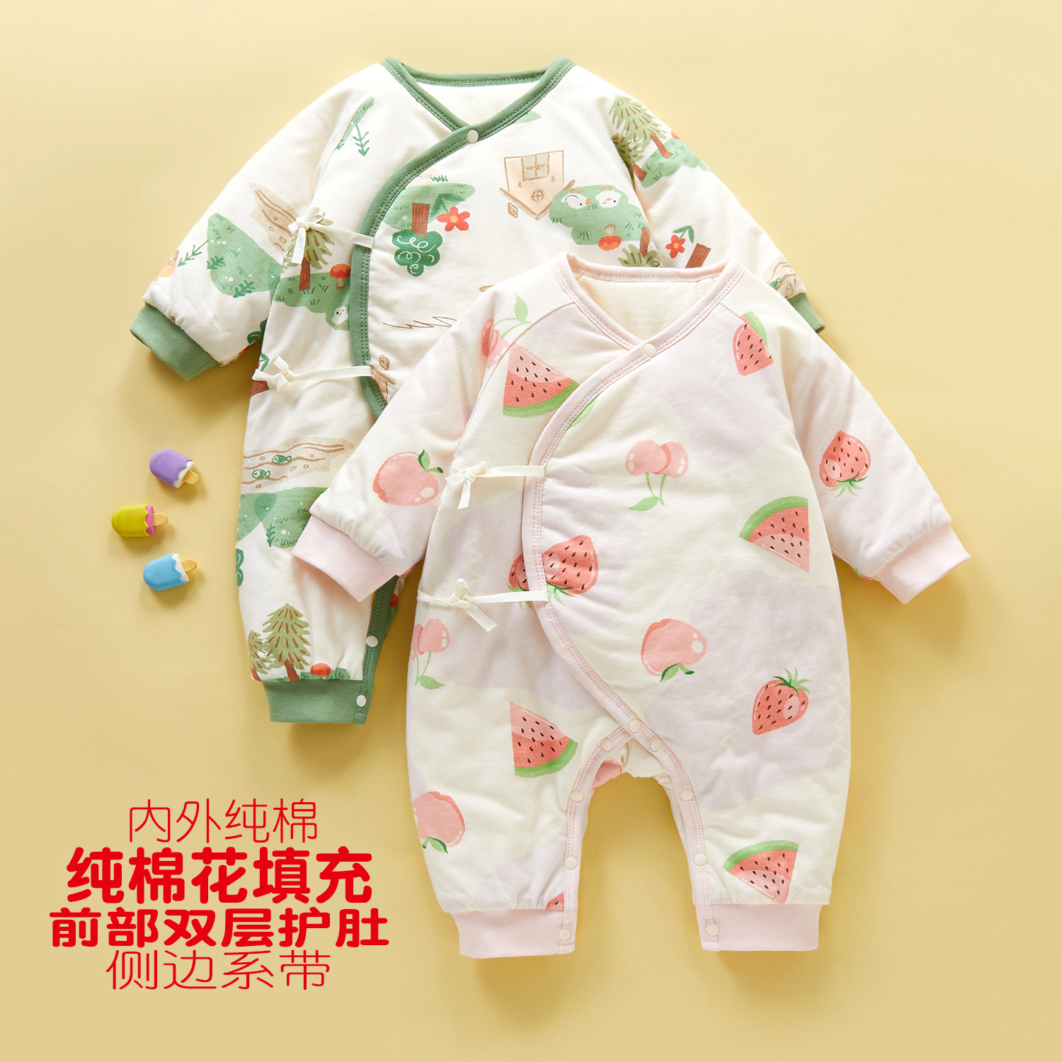 新生婴儿秋冬护肚夹棉连体衣棉衣