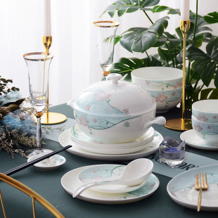 华光陶瓷骨瓷餐具套装碗碟套装家用中式碗碟盘组合釉中彩花语情丝