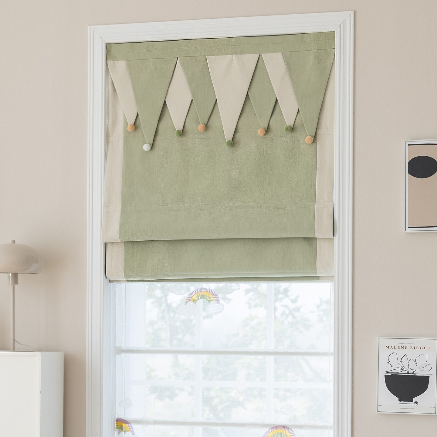 北欧风绿色罗马帘毛球球定制窗帘儿童房雪尼尔小窗户遮光升降窗帘