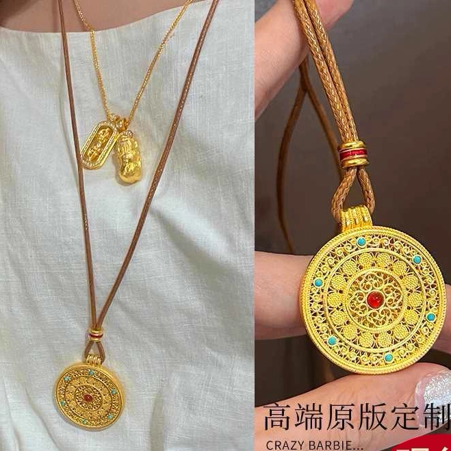 越南沙金八宝罗盘吊坠项炼女款彷真假黄金古法传承福牌编织毛衣炼