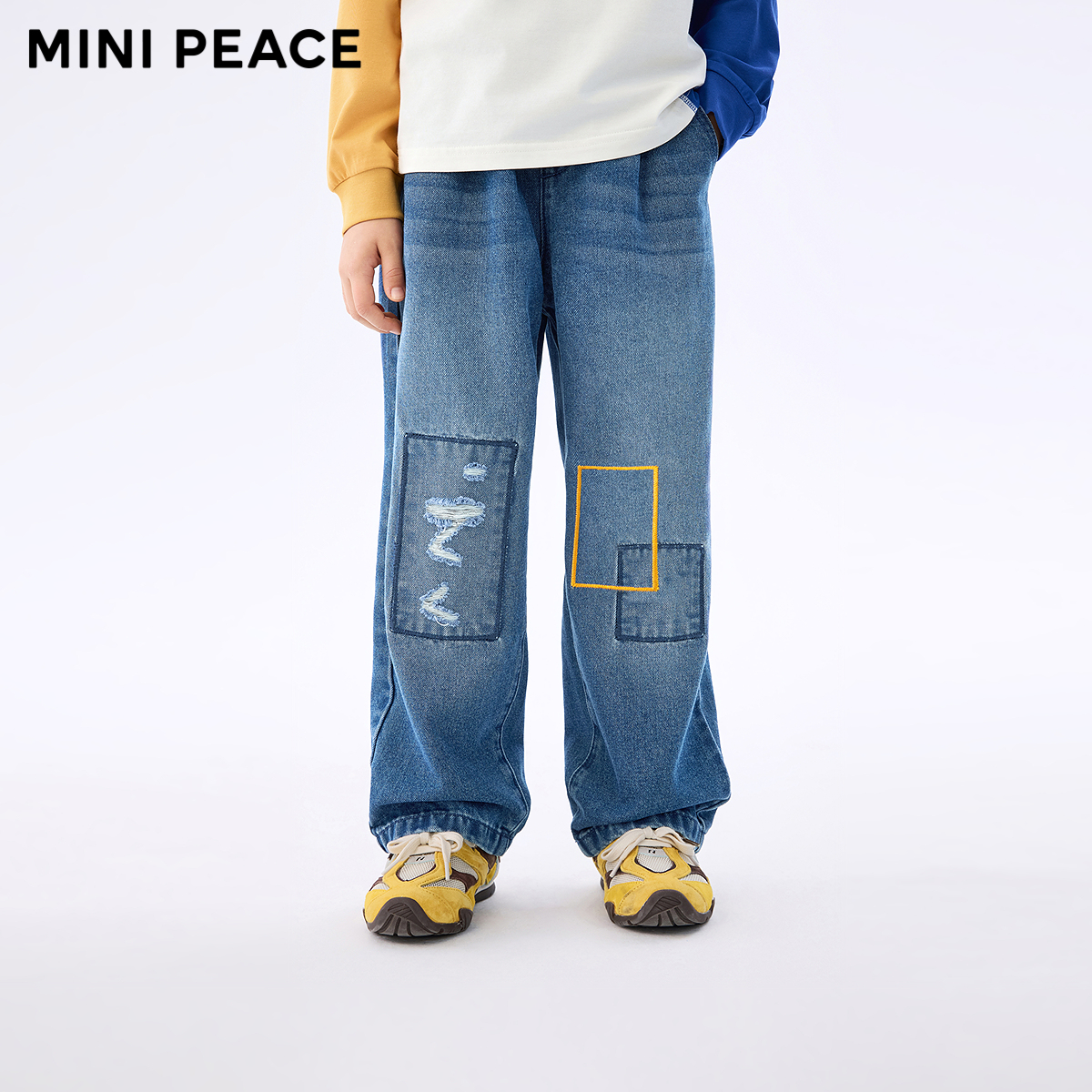 MINIPEACE太平鸟童装男童牛仔裤秋季新款儿童裤子潮撞色拖地长裤