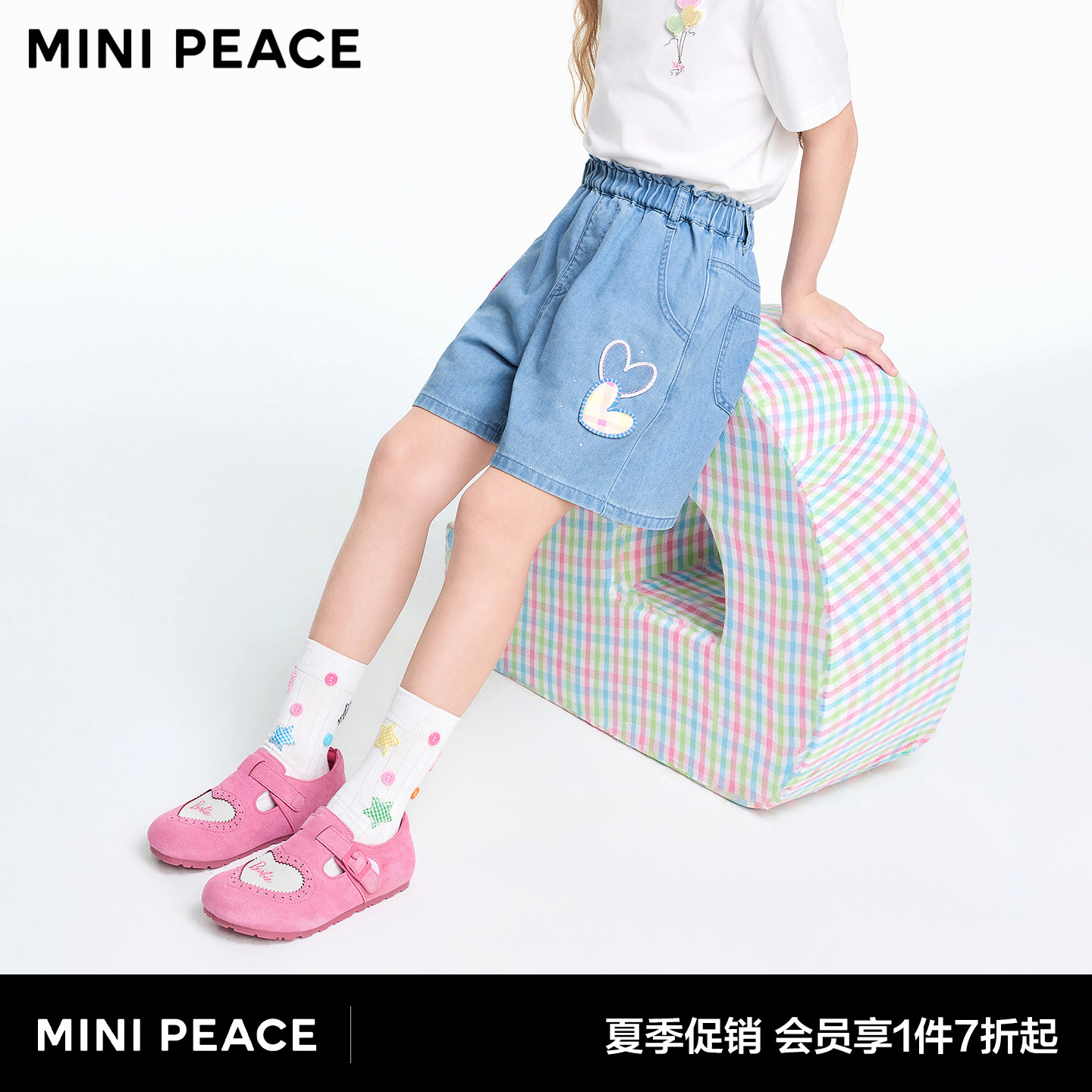 MINIPEACE太平鸟童装女童牛仔短裤夏季薄款儿童格纹贴布五分裤图片