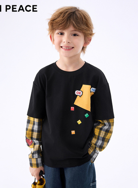 MINIPEACE太平鸟童装男童秋装儿童长袖T恤假两件格子上衣洋气新款