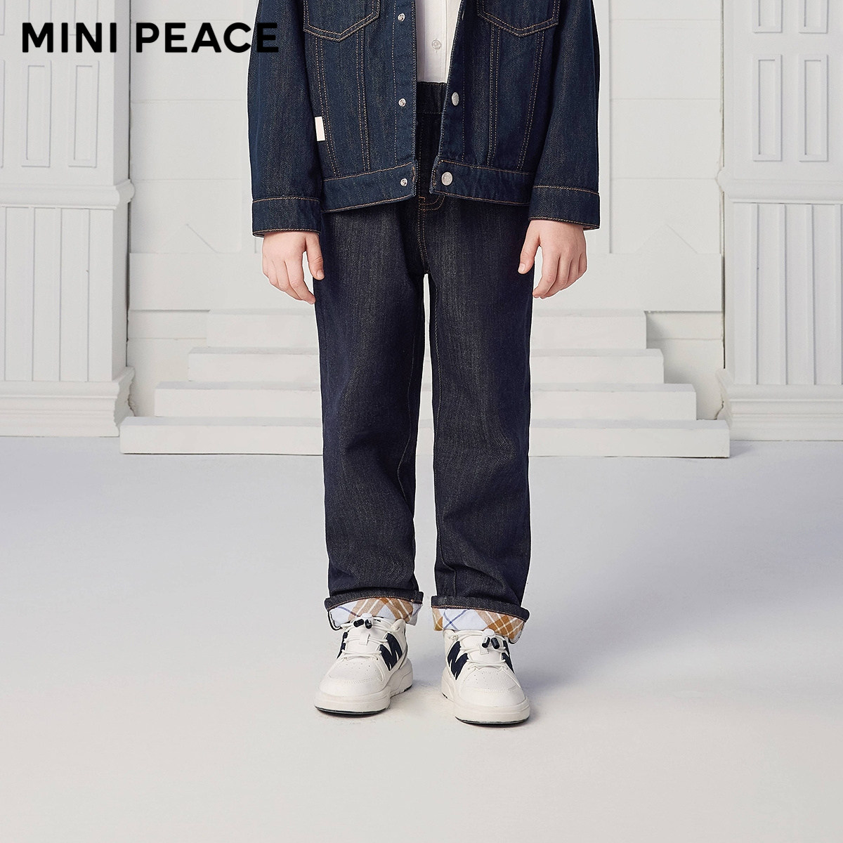 【专柜同款】MINIPEACE太平鸟童装男童牛仔裤秋季格纹儿童老爹裤