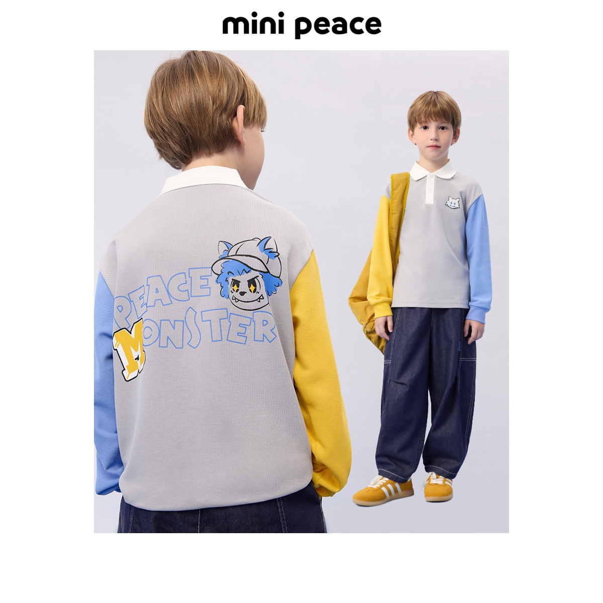 MINIPEACE太平鸟童装男童POLO衫儿童翻领拼接长袖T恤内搭春秋上衣