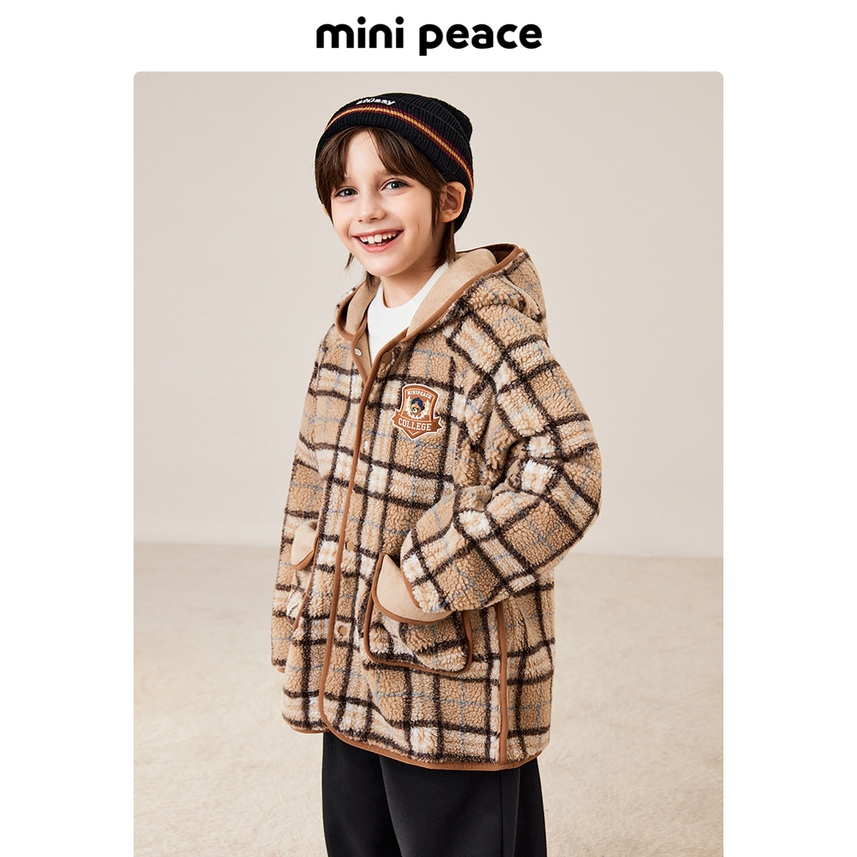 MINIPEACE太平鸟童装男童格纹大衣儿童仿羊羔绒外套夹克秋冬新款