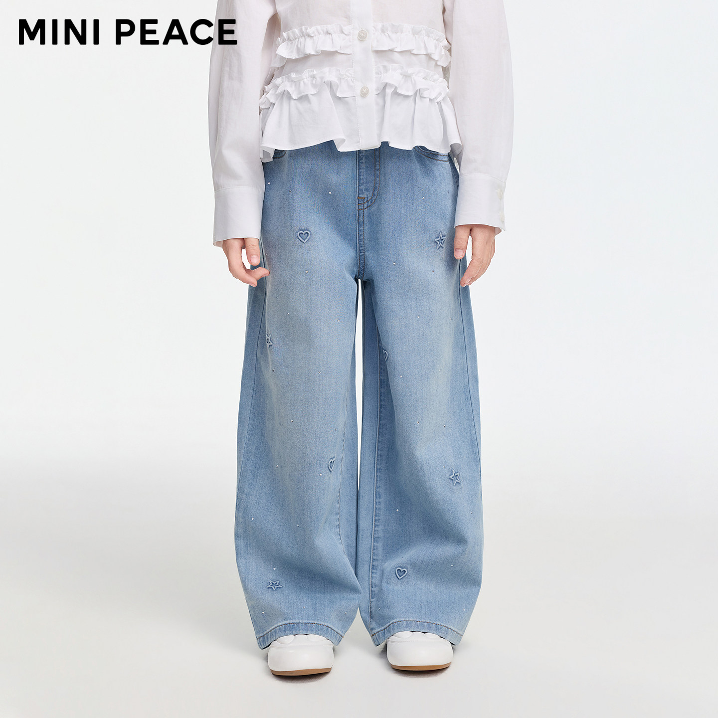 【专柜同款】MINIPEACE太平鸟童装女童牛仔裤秋季压印碎钻拖地裤