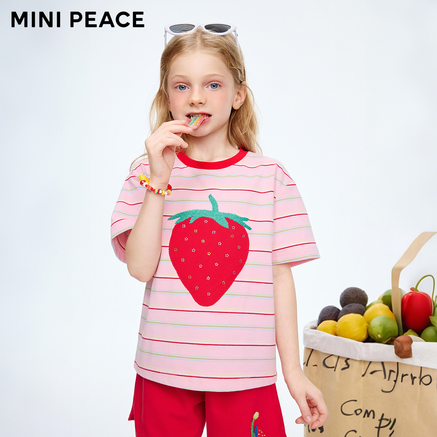 【专柜同款】MINIPEACCE太平鸟童装女童短袖T恤草莓夏装条纹上衣