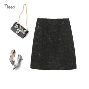 秋冬黑色亮片短裙女2025新款百搭高腰显瘦A字包臀裙子毛呢半身裙