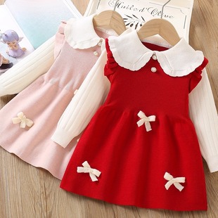 女童秋冬连衣裙韩版 针织毛衣裙保暖裙子珍珠蝴蝶翻领高档裙25新款