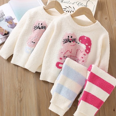 女童半边绒睡衣秋冬家居服套装超柔亲肤软绵绵保暖两件套2025新款