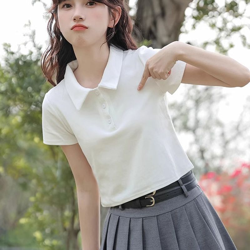 polo衫短袖t恤女夏季2025新款翻领纯棉正肩短款收腰修身白色上衣