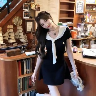 法式 收腰显瘦温柔甜美气质蓬蓬短裙 学院风海军领连衣裙女夏季 新款