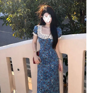 甜美风蕾丝拼接方领碎花连衣裙女2025夏季 法式 设计感小众气质长裙
