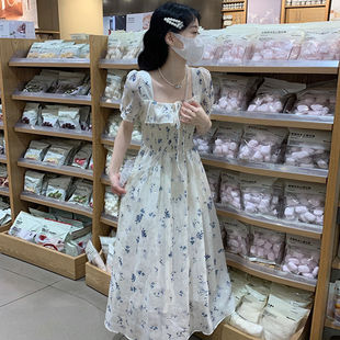 连衣裙少女夏季 温柔风甜美泡泡袖 中学生超仙方领雪纺碎花过膝长裙