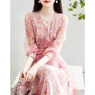 德玛纳 甜美蘑菇扣 春秋V领印花泡泡袖 收腰连衣裙女长款