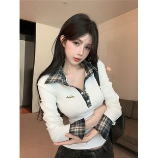 上衣 polo领格子假两件长袖 t恤女早春装 设计高级感打底衫 内搭修身