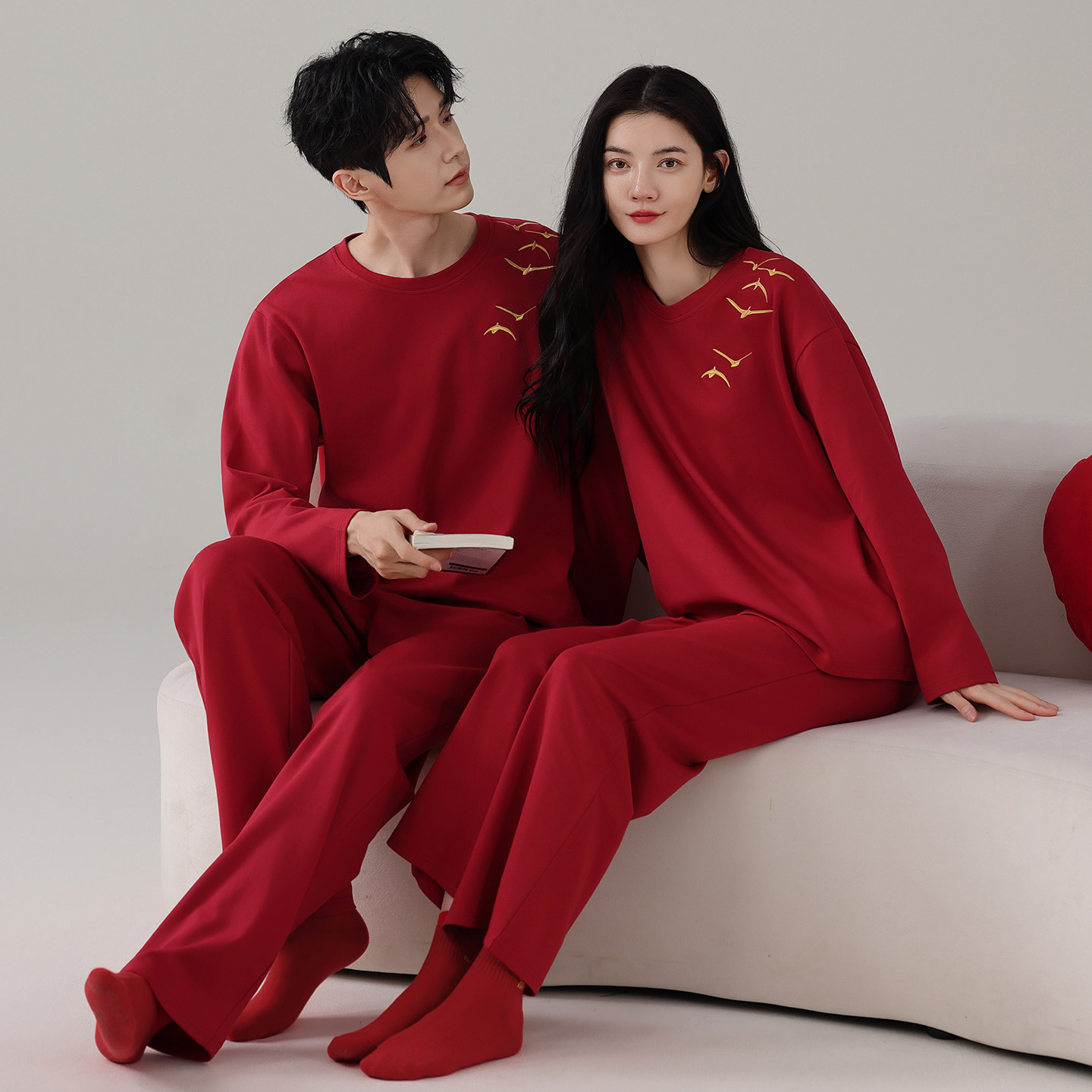 情侣睡衣女春秋款纯棉大红色新婚结婚男士可外穿家居服套装本命年