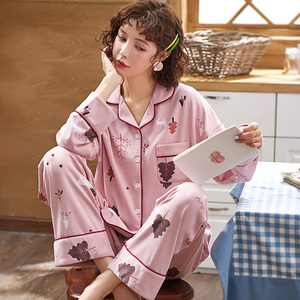 春秋季睡衣少女士纯棉长袖套装韩版可爱加大码开衫清新甜美家居服