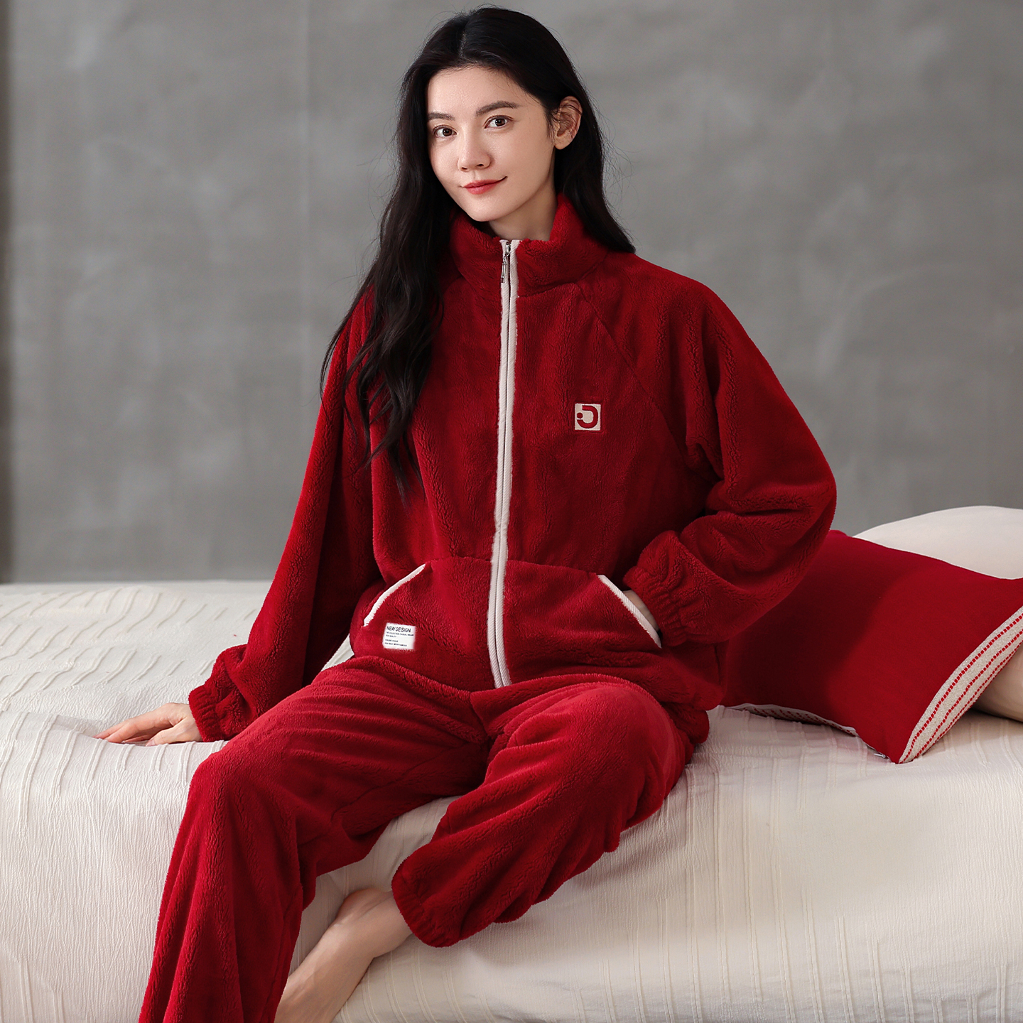 红色法兰绒睡衣女士冬季加厚拉链