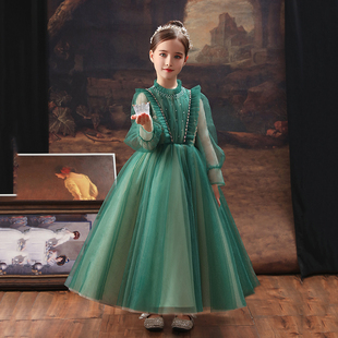 儿童晚礼服公主裙女童生日绿色女孩走秀花童主持人钢琴演出服高端