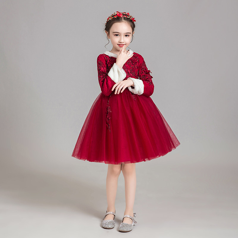 儿童礼服公主裙女童红色花童婚纱加绒加厚主持人钢琴演出服秋冬季