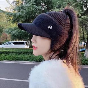冬季可扎头发帽子可以适合扎高马尾扎头发戴的帽子冬漏顶帽子女款