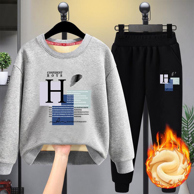 男童加绒加厚一体绒圆领运动卫衣