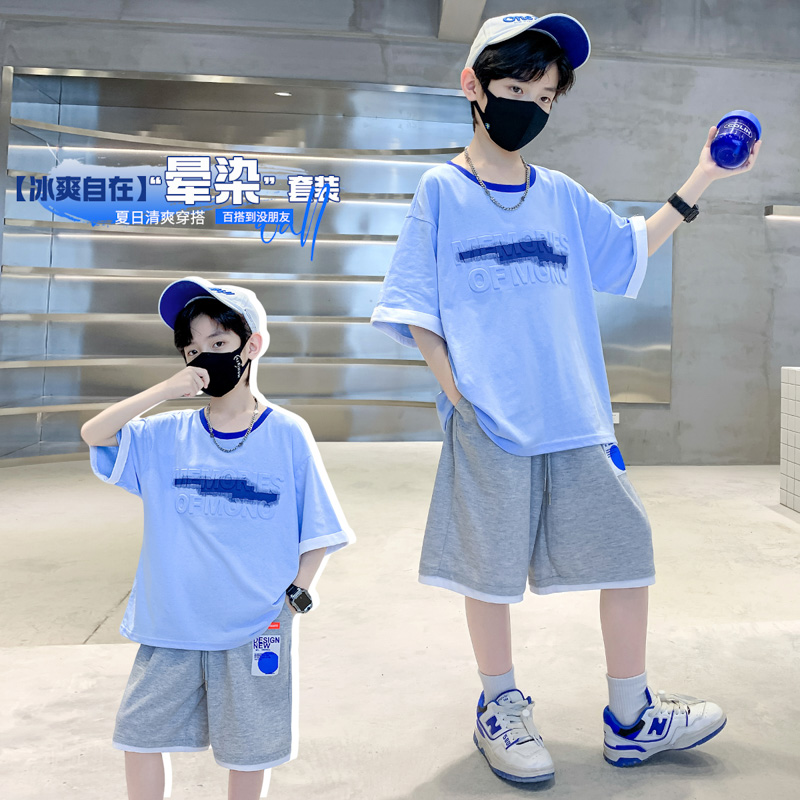 2025新款夏季男童时尚蓝色短袖T恤休闲短裤帅气百搭两件套