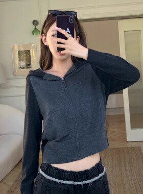 Oh！Me Tell【jenni*智妮同款】灰色短款拼色连帽外套毛针织衫