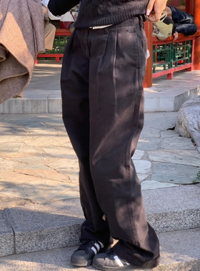 Oh! Me Tell【Jenni*智妮同款】黑色显瘦捏褶宽松休闲裤长裤