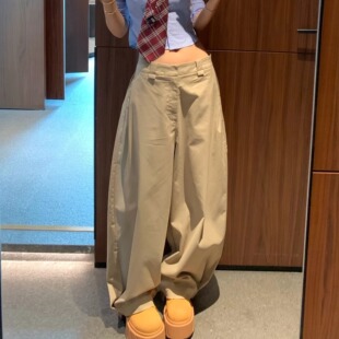 Oh！Me Tell【Mok*a境萌花同款打歌服】卡其褶皱宽松阔腿休闲裤