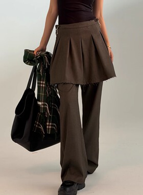 Oh！Me Tell【rose彩英同款】细格纹毛边百褶半身裙休闲西装裤