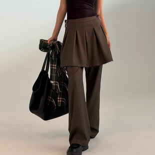 裤 Tell 细格纹毛边百褶半身裙休闲西装 rose朴彩英同款