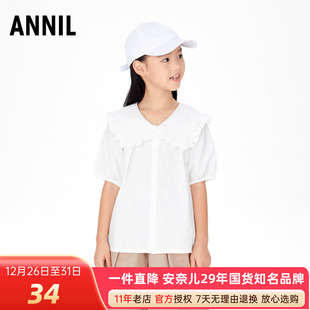 衬衫 商场安奈儿女童大翻领短袖 纯棉白色荷叶泡泡袖 款 衬衣夏季