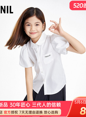 安奈儿女童翻领短袖衬衫夏季款全棉白色泡泡袖洋气衬衣学院风