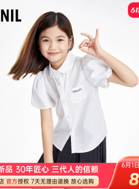 安奈儿女童翻领短袖衬衫夏季款全棉白色泡泡袖洋气衬衣学院风