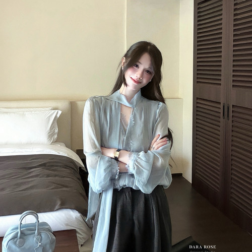 DARA ROSE-大爆款法式气质蕾丝拼接长袖衬衫宽松百搭小衫Q99675