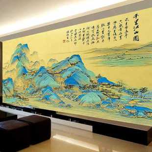 线绣客厅大幅风景山水画古绢布 蒙娜丽莎千里江山图十字绣2024新款