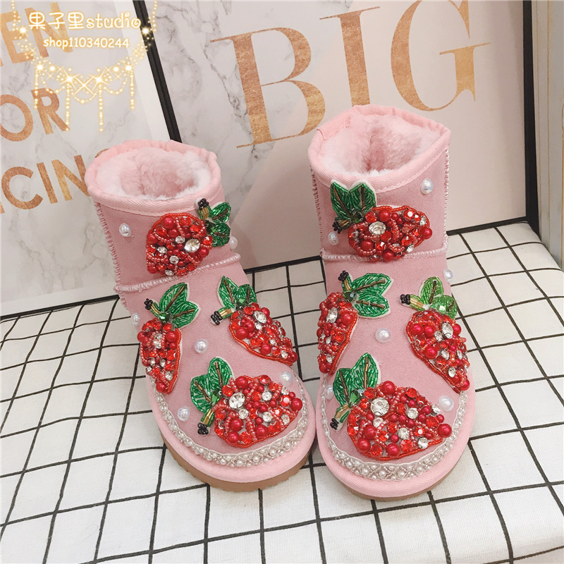 内增高水钻卡通学生粉色雪地靴