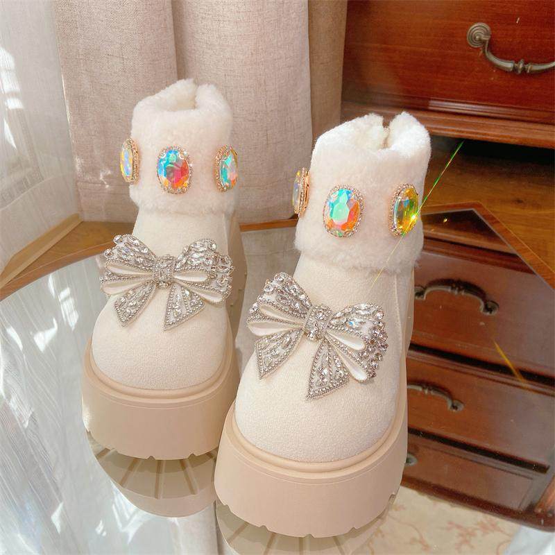 白色增高厚底拉链雪地靴加厚防滑新年新款保暖大棉靴甜美钻蝴蝶结,女鞋,时尚雪地靴,淘宝优惠券,粉丝福利购,淘宝优惠卷