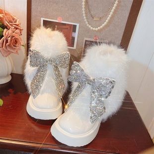 2025加绒厚底毛毛靴白色保暖显瘦雪地靴甜美重工蝴蝶结水钻大棉靴