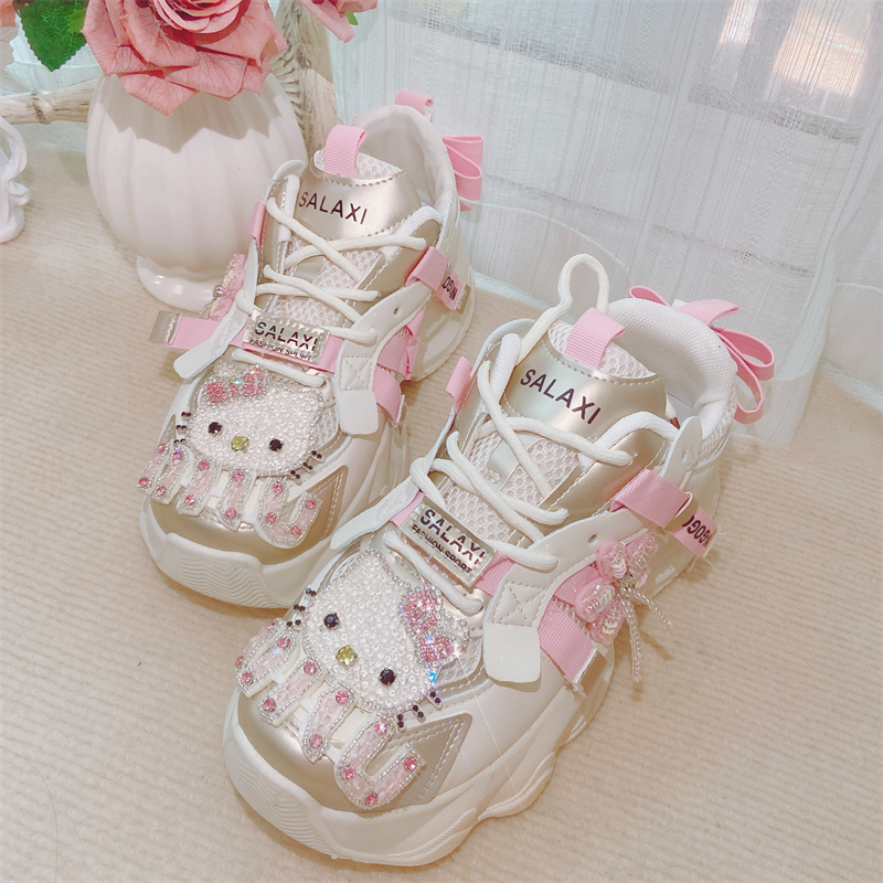 可爱水钻卡通粉色增高老爹鞋
