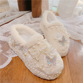 甜美风白色毛毛小白鞋 24原创设计冬季 加绒豆豆鞋 重工蕾丝流苏厚底