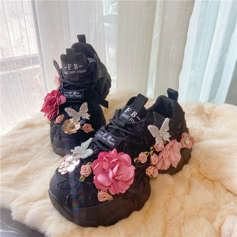原创设计2025春季新款厚底增高老爹鞋甜美蕾丝花朵松糕休闲运动鞋
