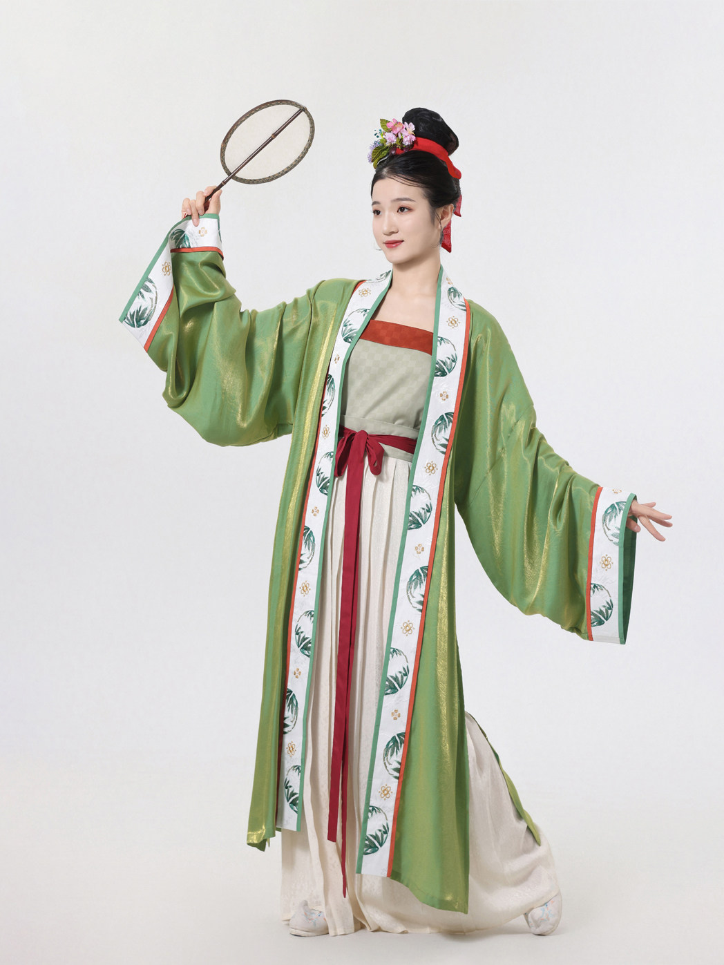 鹿临汉服[青梅竹马]宋制长衫竹影绿紫霞宋抹百迭裙象牙黄绿石榴红